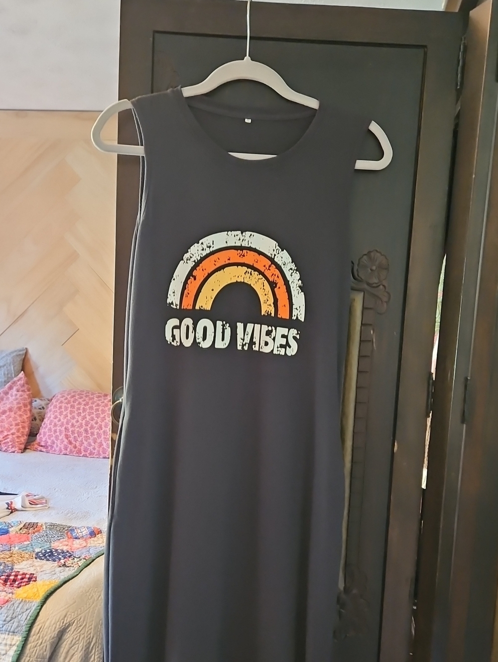 Black Sleeveless Maxi Dress with 'Good Vibes' Rainbow Graphic